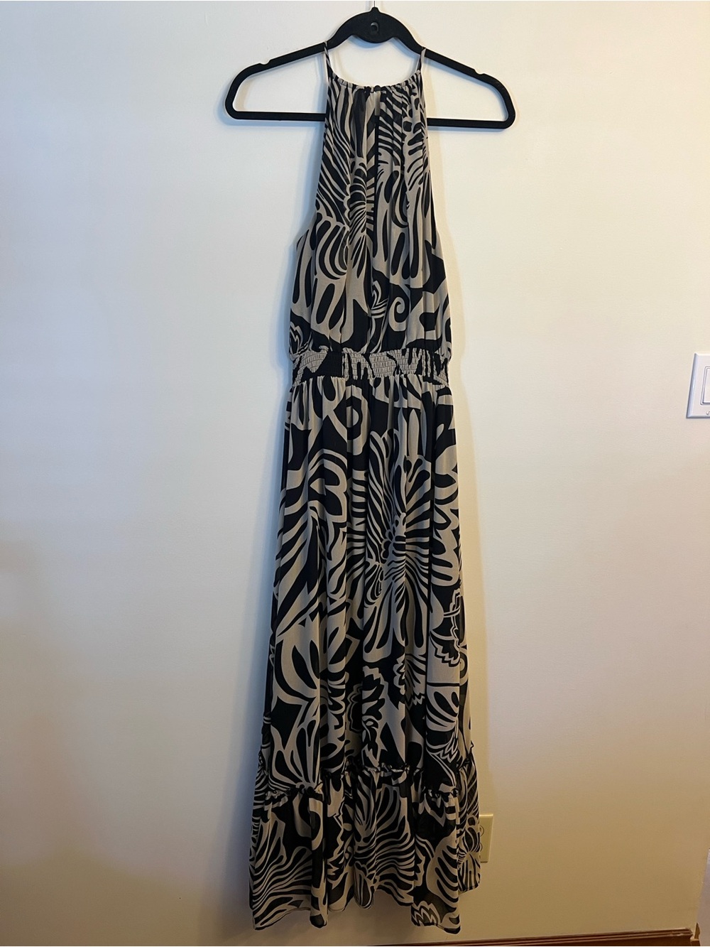 Halter Maxi Dress in Black and Cream Floral Print